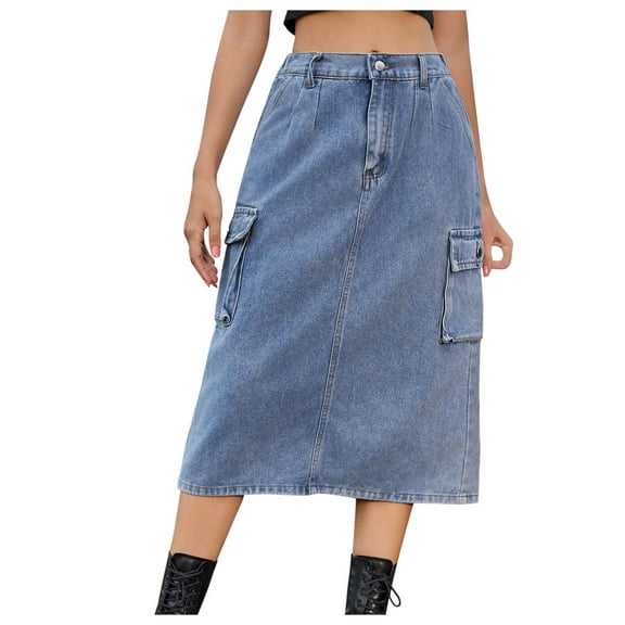 Tumotour Denim Skirt For Women Drawstring Cargo High Waist Long Skirt Knee Length Denim Skirts With Pockets