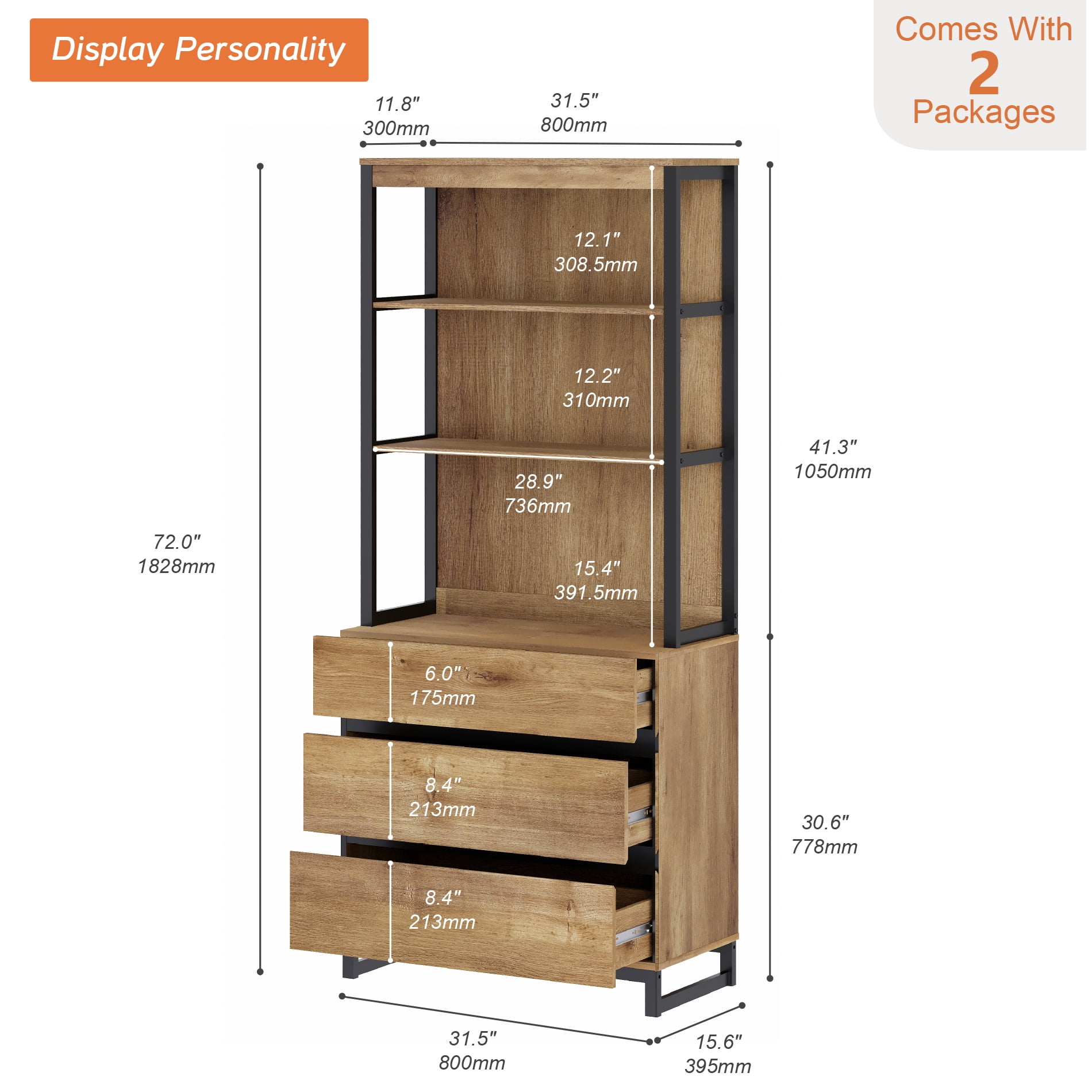 WAMPAT Modern 72" Tall Freestanding Bookcase, 3 Drawers & Open Shelves with Storage Cabinet, Wood Library Bookshelf for Home Office & Living Room