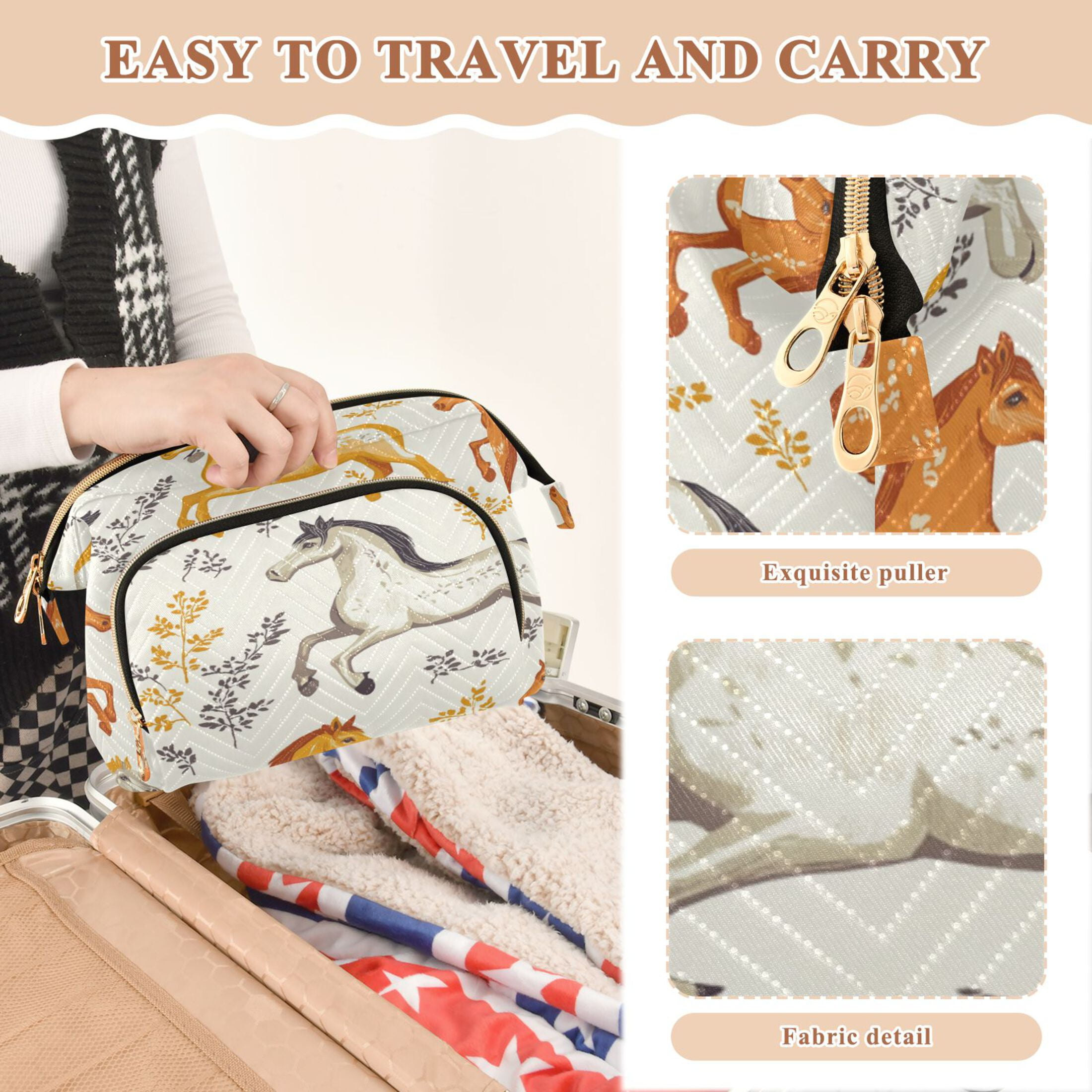 Wavy Quilted Cosmetic Bag Large-Capacity Travel Toiletry Organizer Includes 9-Piece Portable Travel Bottle Set Horse with Leaves