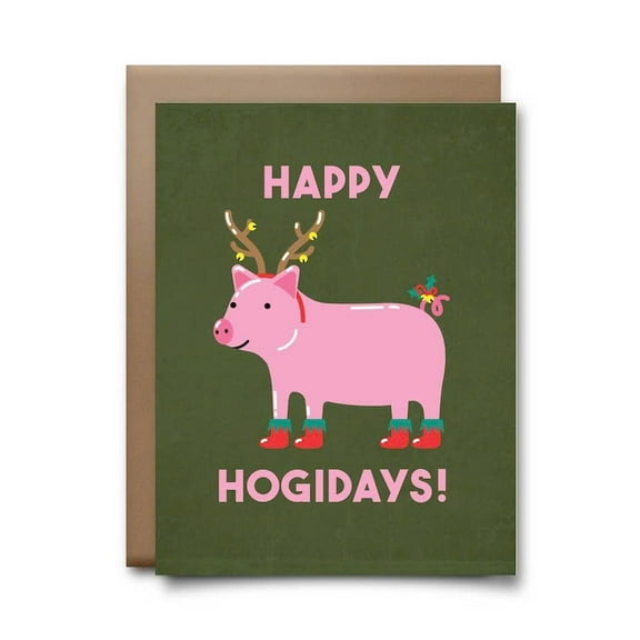 Happy Hogidays Christmas Card – Cute Pig with Antlers Design – Envelope Included, Blank Inside – Perfect for Holiday Greetings, Family & Friends