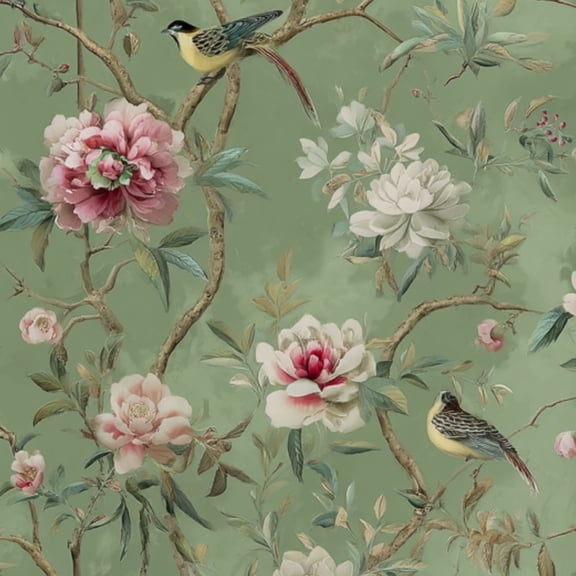 Chinoiserie Peel and Stick Wallpaper 23.6in x 9.8ft Vintage Floral Birds Peonies Green Contact Paper Vinyl Waterproof Self Adhesive Wall Paper for Bedroom Shelf Cabinet Renter Friendly