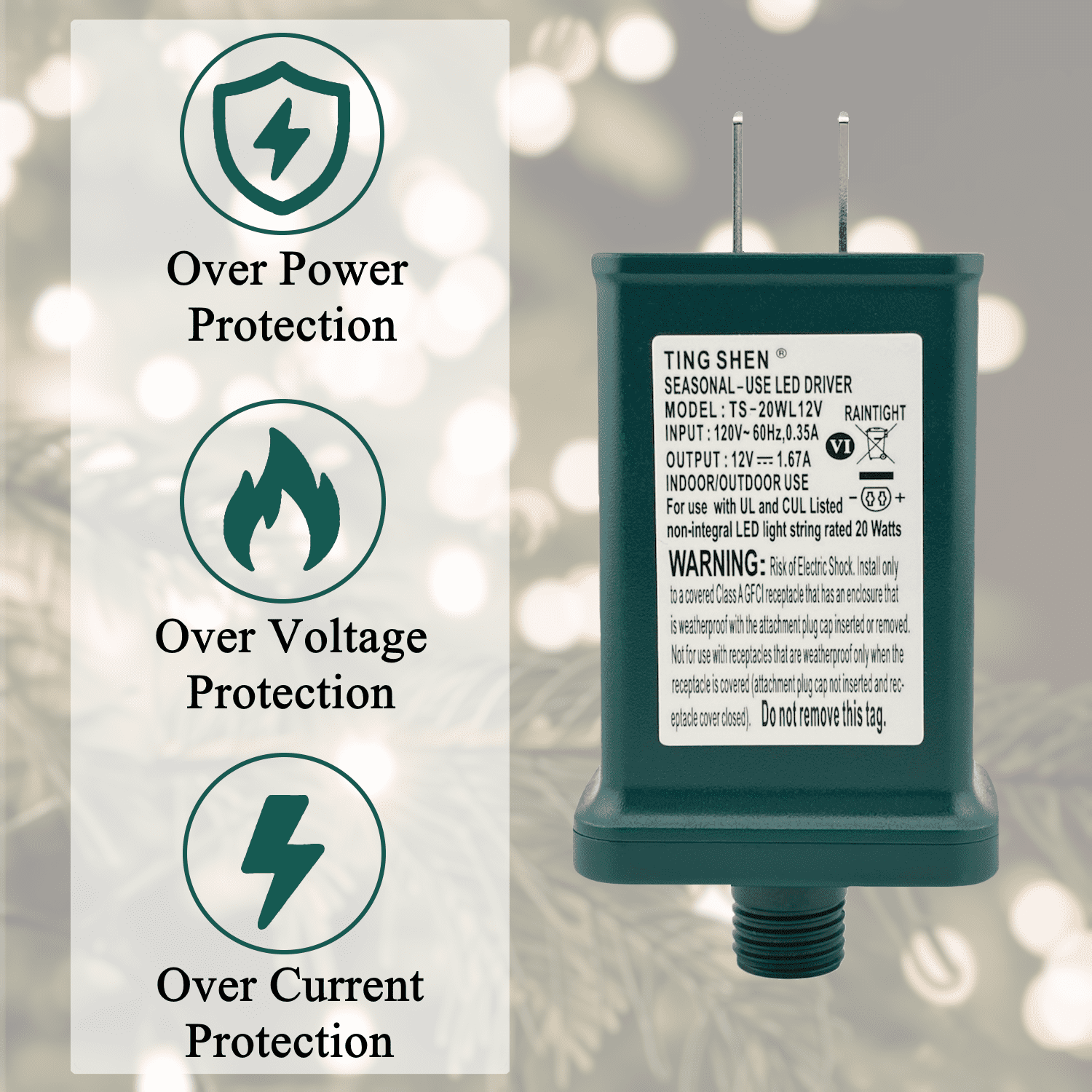12V 1.67A Power Supply Class 2 LED Transformer LED Raintight IP44 US Plug Adapter, Seasonal-Use LED Driver for LED String Light, Holiday Lighting, Christmas X-Mas Tree TS-20WL12V - Right Positive
