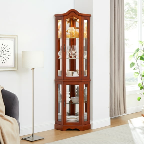 Lighted Corner Shelf - Walnut Adjustable Mirrored Back Curio Display Lights Cabinet