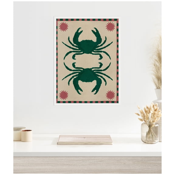 Kate and Laurel Lush Duo 6 Crabs Framed Canvas Wall Art by Shatha Al Dafai 18 x 24 Sylvie White, Coastal, Abstract, Animals, Beach Art for Wall Decor, Living Room, Bedroom