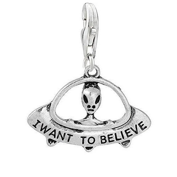 I Want to Believe Alien in UFO Clip on Pendant Charm for Bracelet or Necklace
