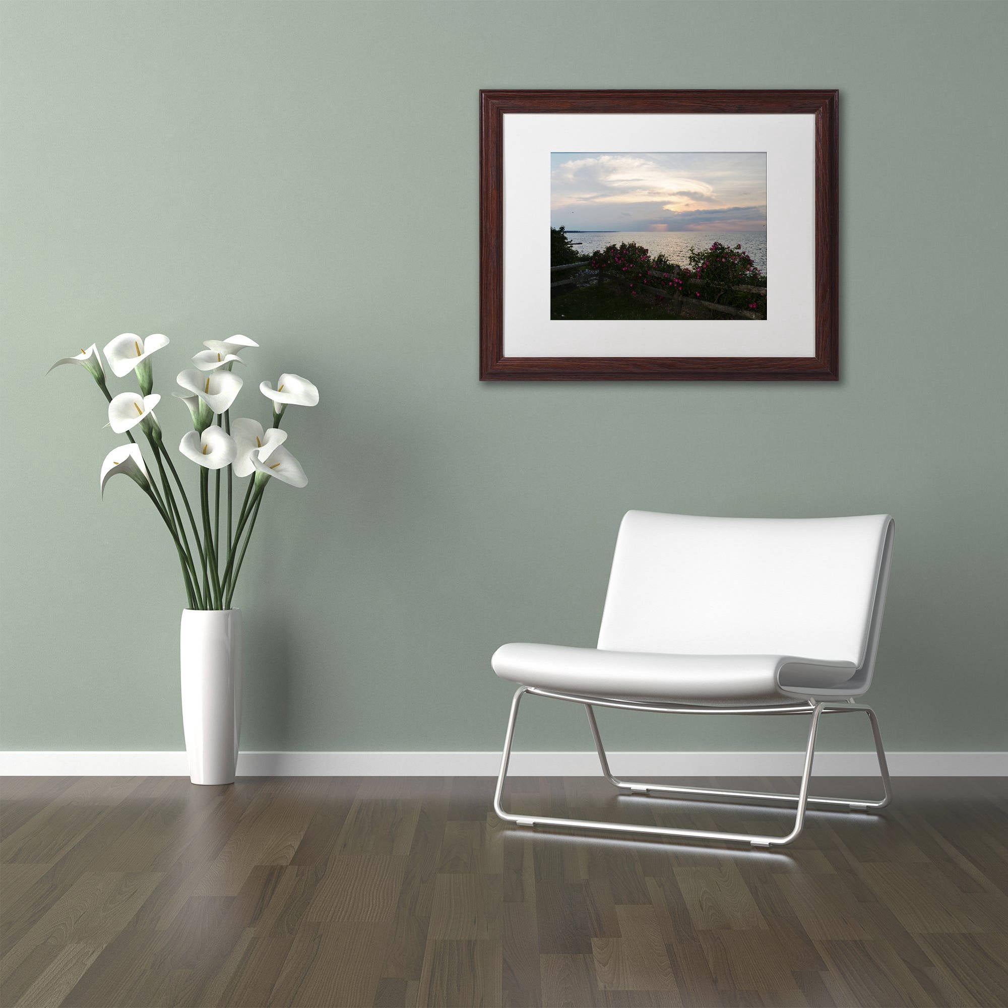 Trademark Fine Art "Roses in Bloom Along the Lake" Canvas Art by Kurt Shaffer, White Matte, Wood Frame
