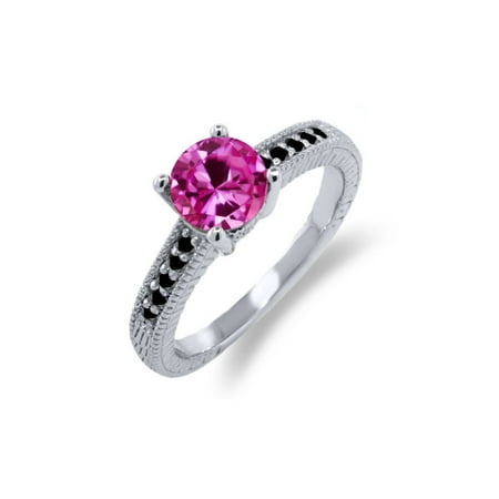 - 1.83 Ct Round Pink Created Sapphire Black Diamond 925 Sterling Silver Ring