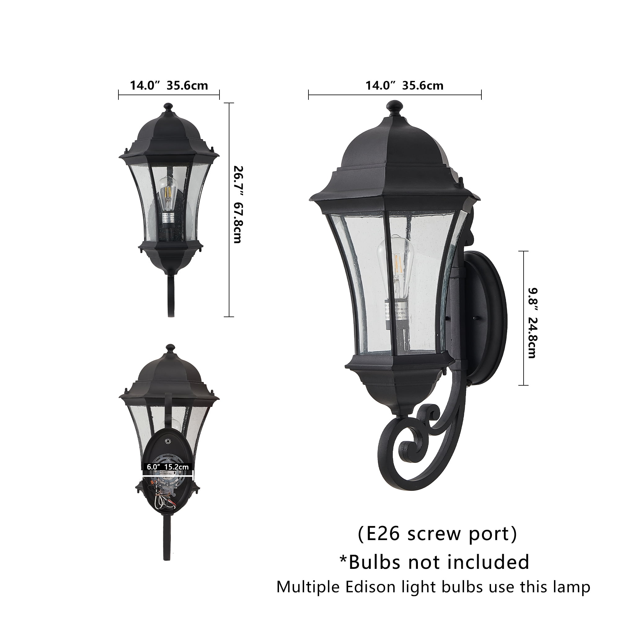 Outdoor Wall Lantern 27 Inch H with Dusk to Dawn Sensor Weatherproof Light with Clear Bubble Glass, Black