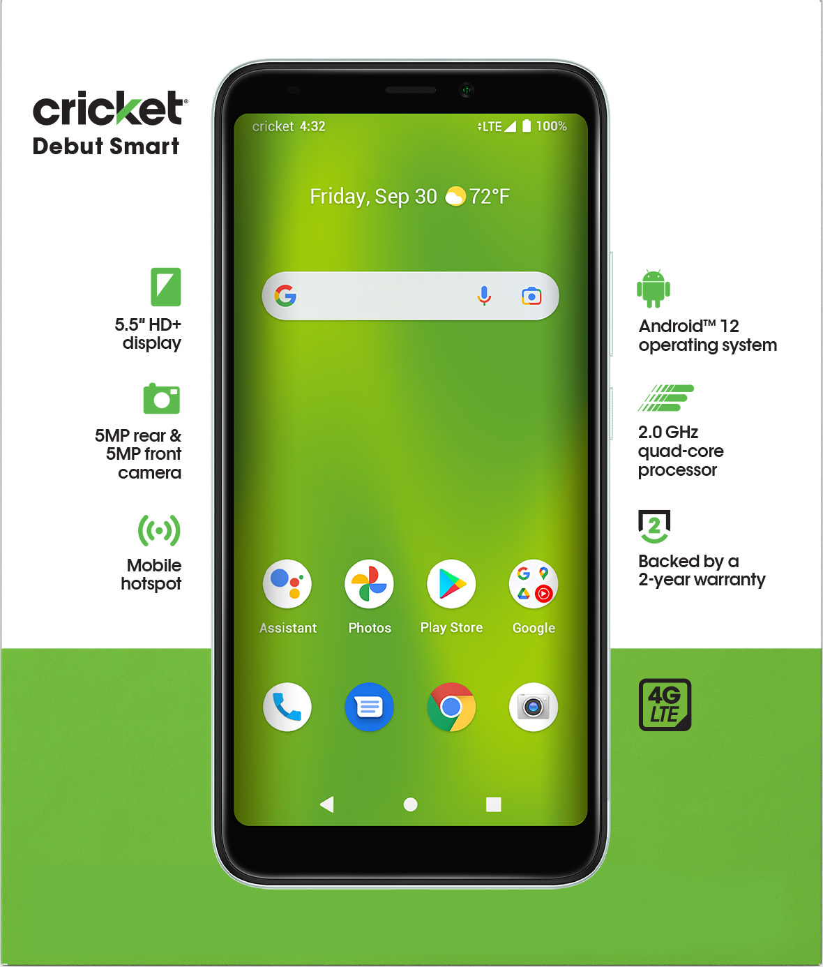 Cricket Wireless Debut Smart, 32GB, 3GB RAM, Green Frost Prepaid