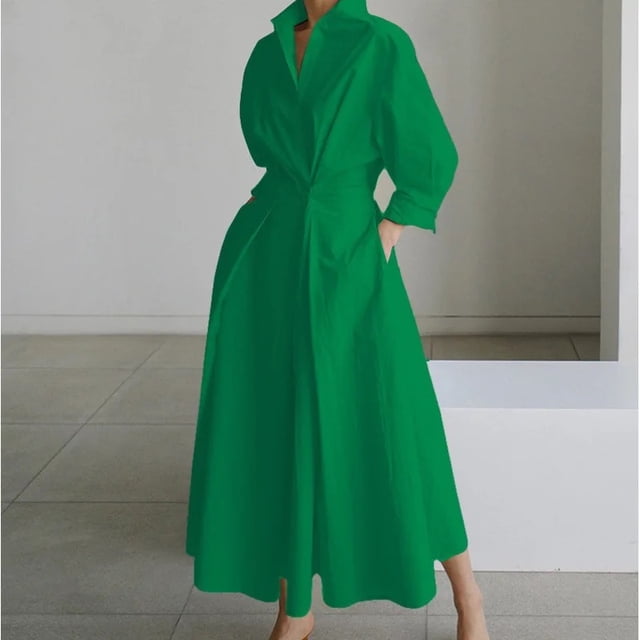 Women's Polo Collar Long Sleeve Maxi Dress - Ankle-Length, Elastic, Button Detail, Polyester