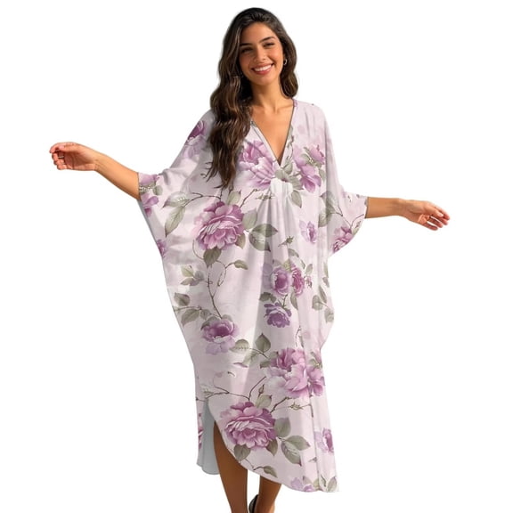 Xixirimido Roses Floral Pink Print Kaftan Dress for Women, Plus Size Hawaiian Batwing Sleeve Beach Cover Up V-Neck Summer Swimsuit Dresses