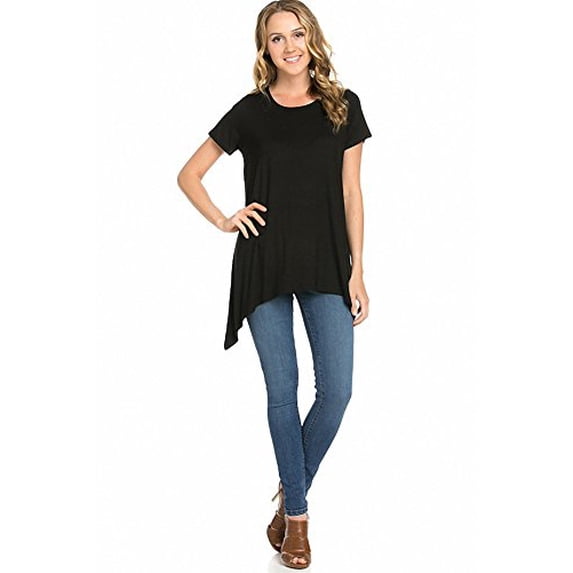 Sassy Apparel Women's Round Neck Asymmetric Hemline Fashion T-shirt Top (Black)