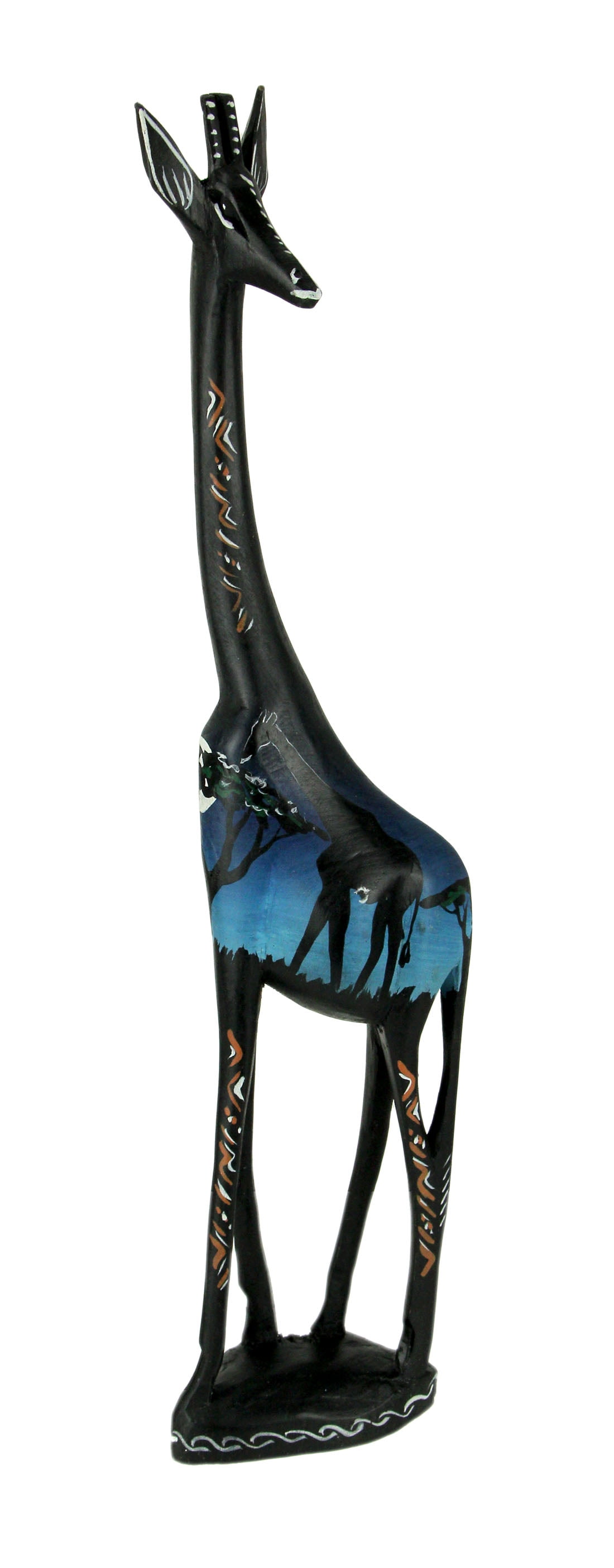 Black Handcrafted Wood Standing Giraffe Statue with Blue Night Safari