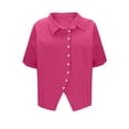 thumbnail image 6 of Pxxlle Button Down Shirts for Women Business Casual Short Sleeve Shirt Solid Color Curved Hem Blouses Dressy Lapel Tops Hot Pink M, 6 of 10