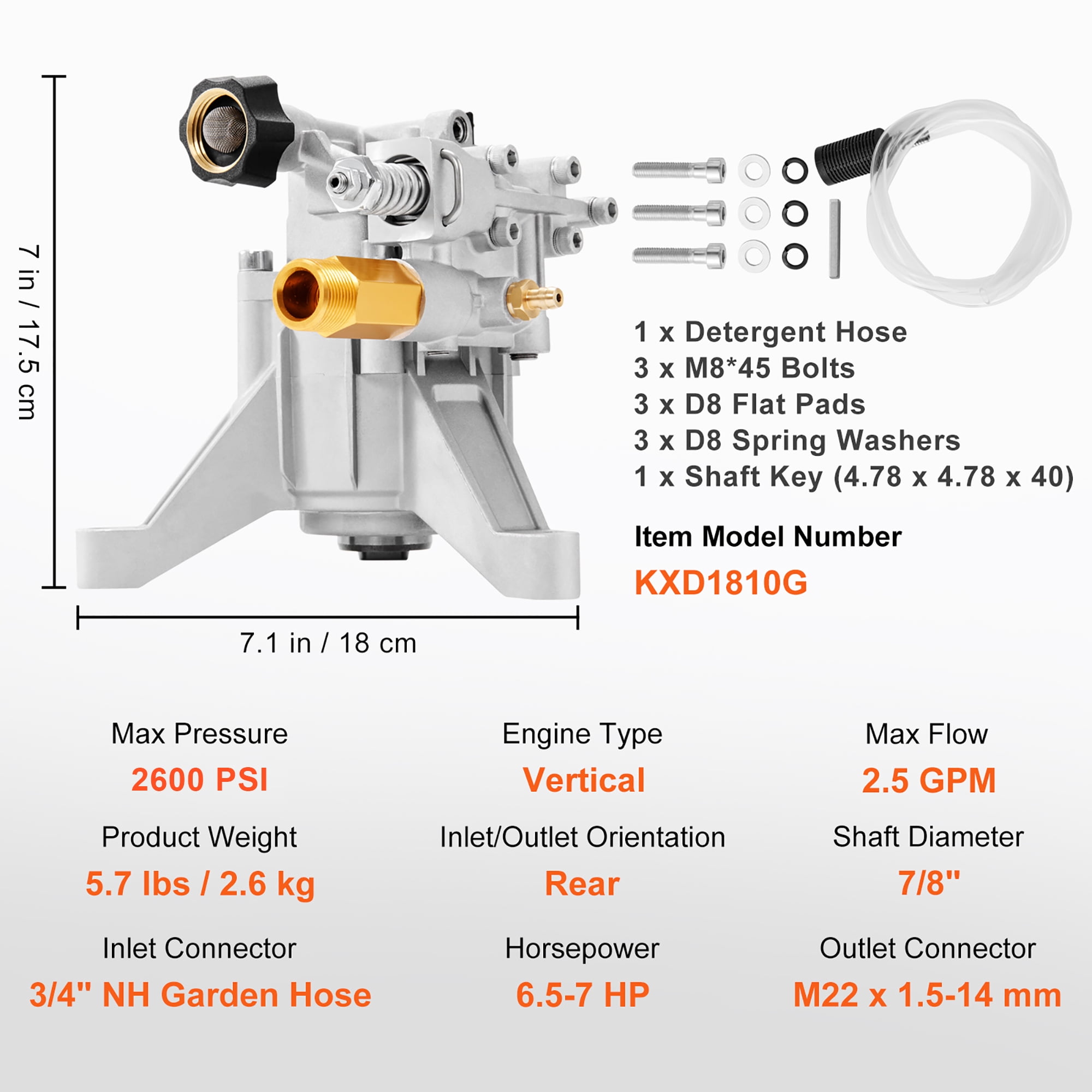 KFFKFF Power Washer Pump, Vertical Shaft of 7/8", 2600 PSI, 2.5 GPM, Substitute Washer Pumps Kit, Component Washer Pump, Suitable for Honda, Simpson, RYOBI, Briggs & Stratton, Subaru, Craftsman