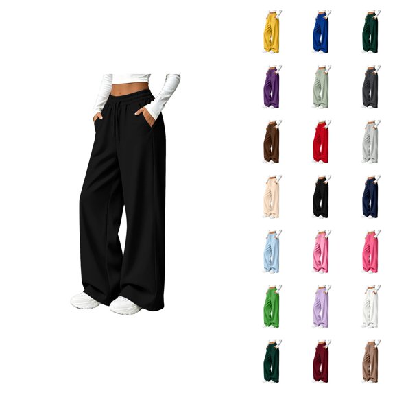 Wide Leg Sweatpants Women Fall Winter Mid Weight Solid Color Elastic High Waist Straight Leg Casual Pants with Pockets