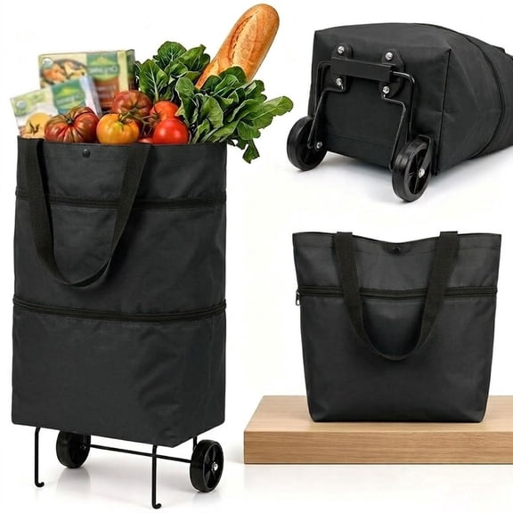2 in 1 Foldable Shopping Trolley Bag with Wheels, Portable Reusable Grocery Cart for Supermarket, Laundry and Travel