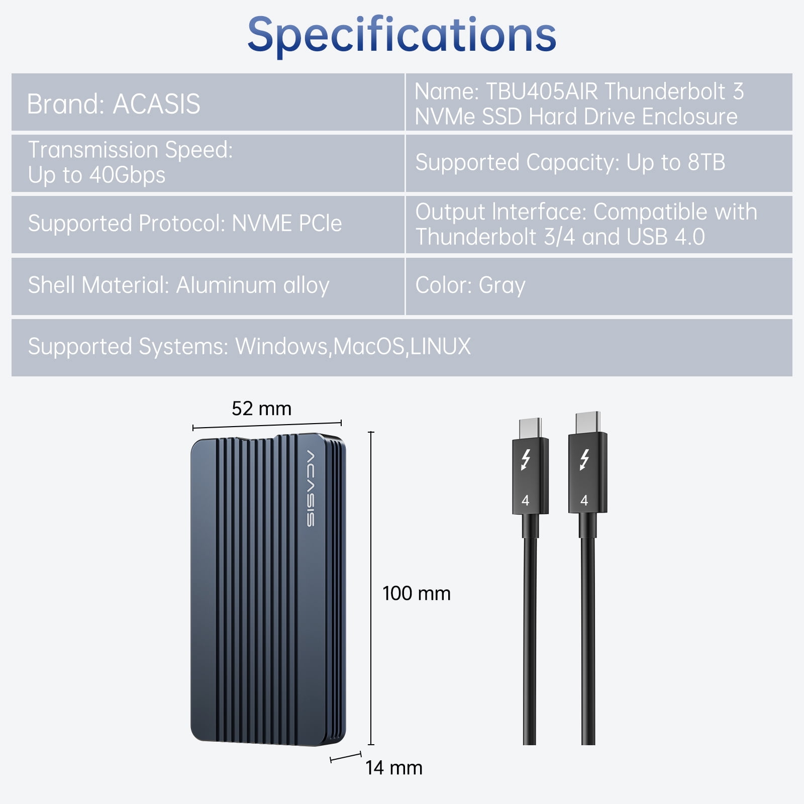 ACASIS 40Gbps M.2 NVMe SSD Enclosure with Aluminum Heat Dissipation & No Noise Design, Tool-Free Installation for M1/M2 Pro/Max, Support 2280 to 2230 SSD Sizes