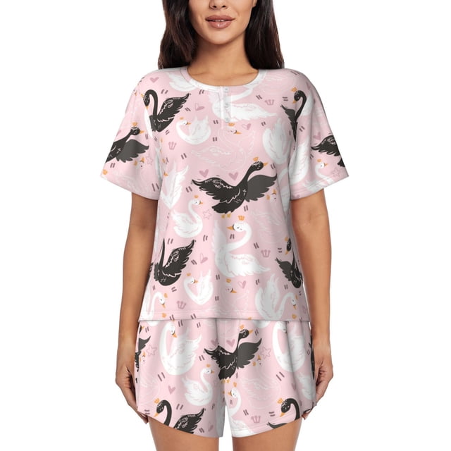 Fotbe Swan And Flowers2 Conjunto de Pijama Estampado para Mujer, 2 Piezas, Ropa de Dormir con Camiseta de Manga Corta y Shorts Suaves-Large