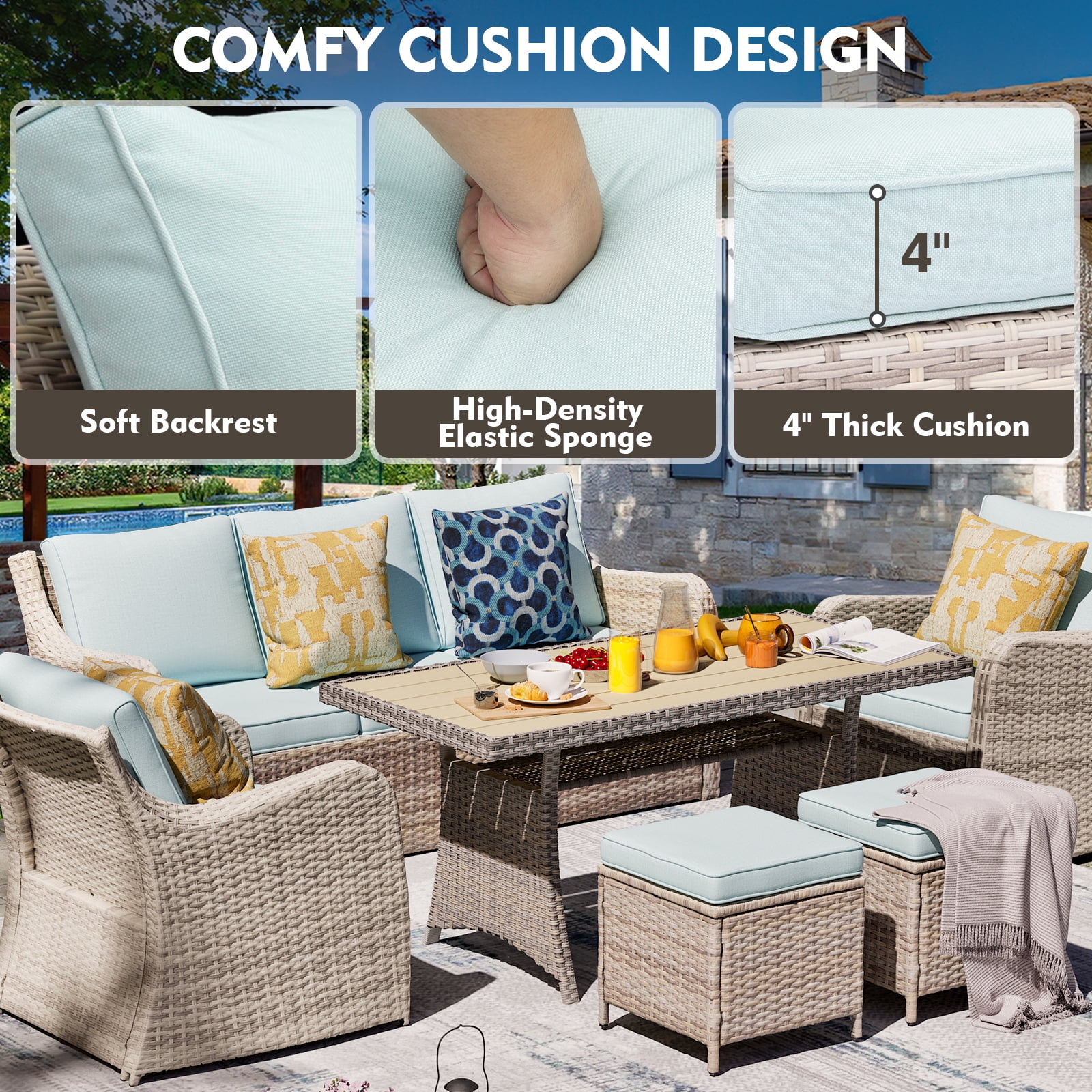 MEISSALIVVE 6 Pieces Patio Furniture Set with Dining Table, Outdoor Wicker Conversation Set with Fixed Chairs, Wicker Armrest, 2 Ottomans, Blue