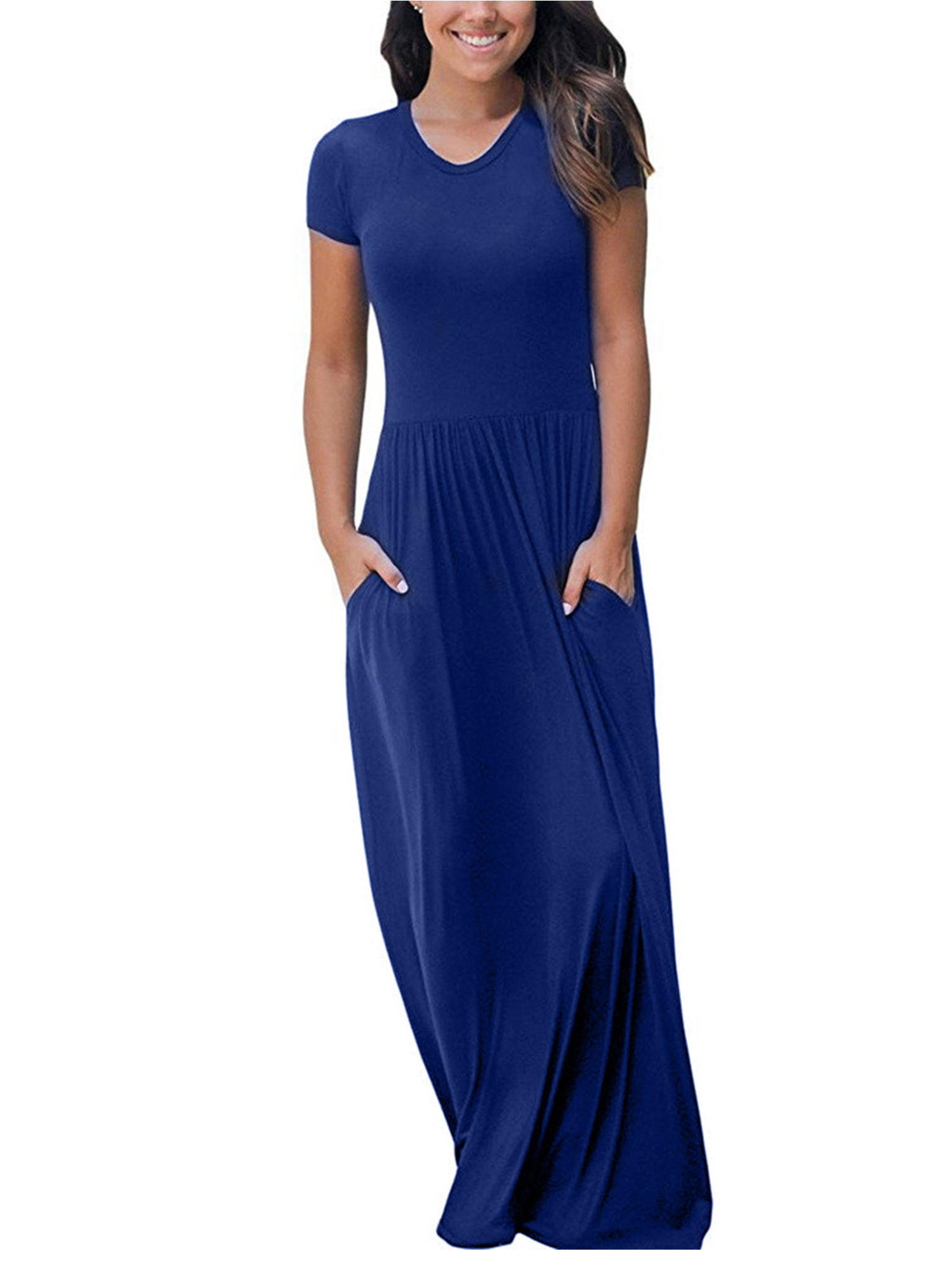 S-3XL Woman Casual Loose Dresses Plus Size Long Plain Color Dresses Retro O Neck Short Sleeved Beach Sundresses 