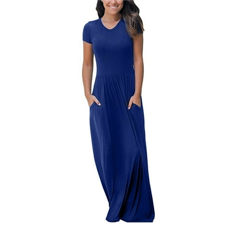 2018 Loose Long Maxi Dress Casual Plain O-Neck Short Sleeve FashionParty Boho Solid Dresses Plus Size Oversized for Woman US Size 2-4-6-8-10-12-14