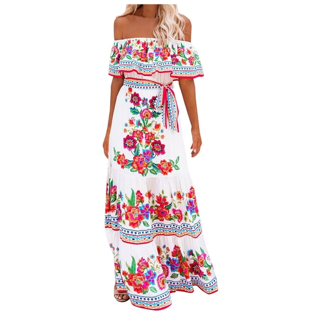 MELDVDIB Vestido largo playero de verano para mujer, estilo bohemio, con estampado floral, hombros descubiertos, elástico, con volantes y dobladillo escalonado, corte A, en oferta