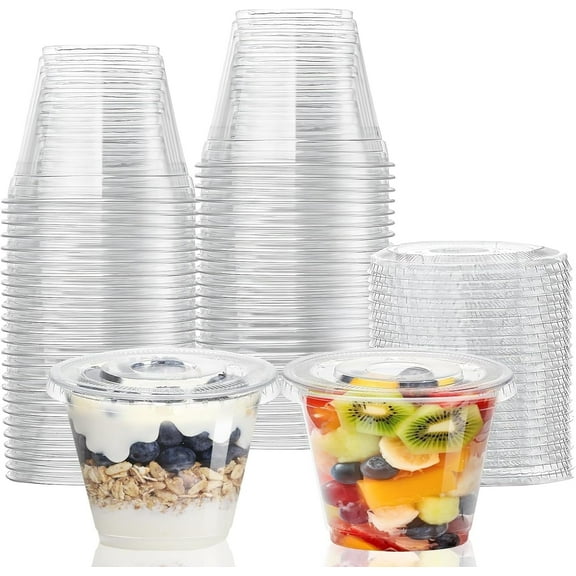 MISHITINA 50 Sets, 9 oz Clear Plastic Cups With Flat Lids No Hole, Disposable Cups With Lids for Ice Cream, Pudding, Cake, Snacks Smoothie, Milkshake, Cold Drinks