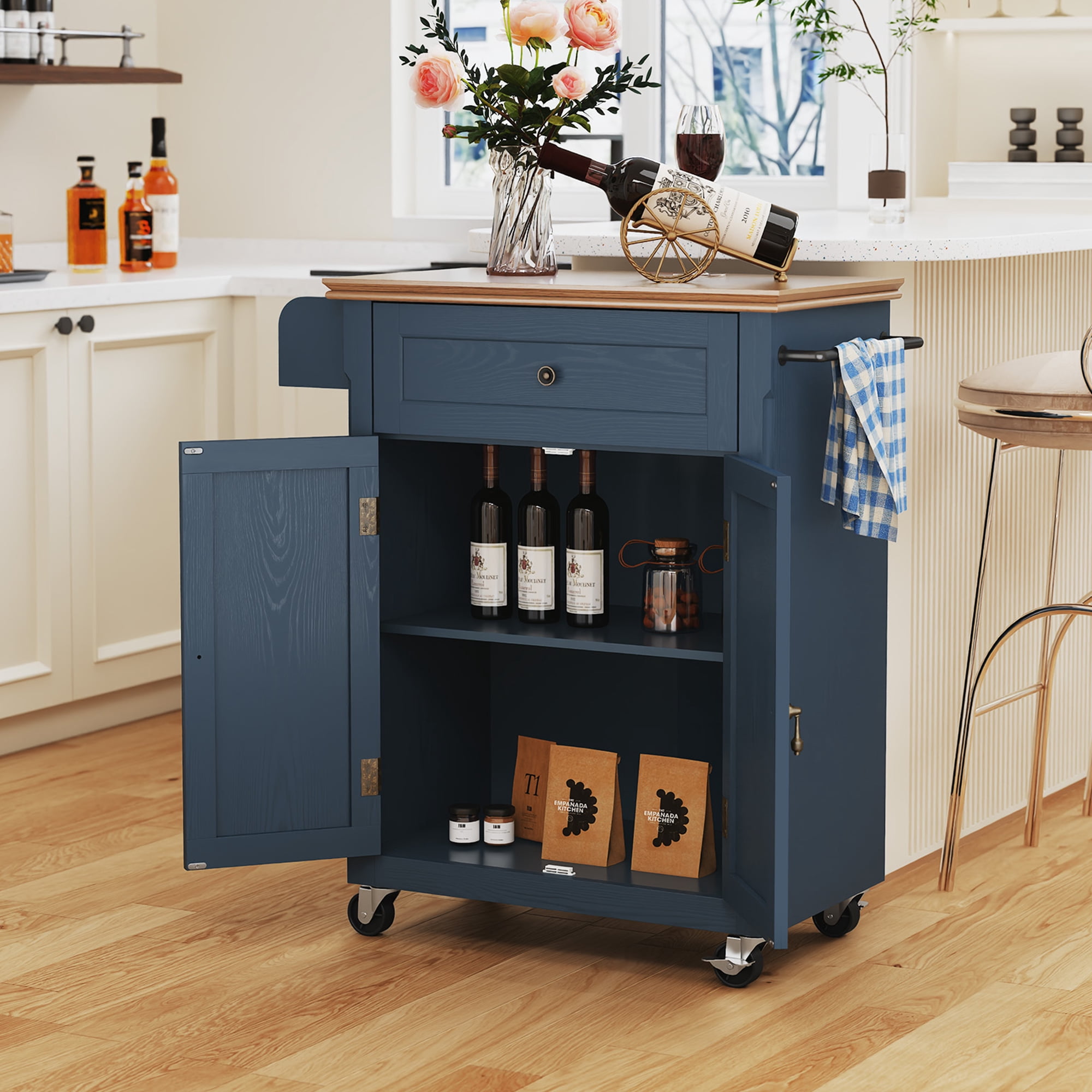 CBJCBJ Kitchen Islands Cart on Wheels with Storage, Wood Microwave Table with Drawers and Spice Box , for Dining Room,Blue