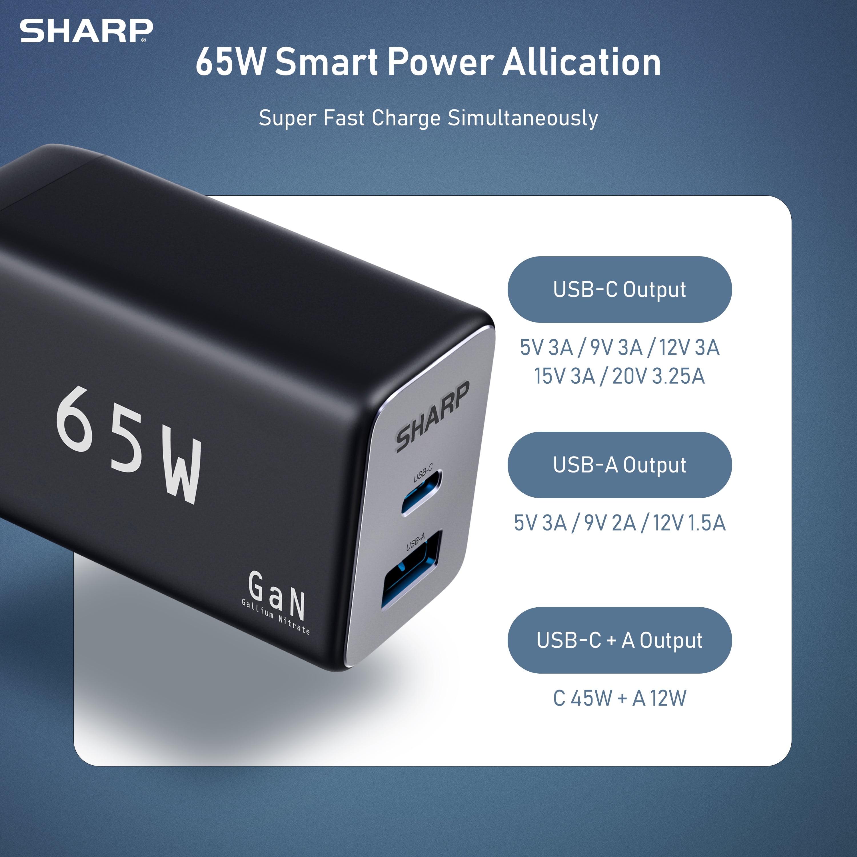 Sharp USB C Charger, 65W, 2 Port (USB A+C), Compact Foldable GaN Fast Charge for MacBook Pro/Air, iPad Pro, Galaxy S23, Dell XPS 13, Note 20/10+, iPhone 15/Pro, and More - Black, G451A1CU-WHT