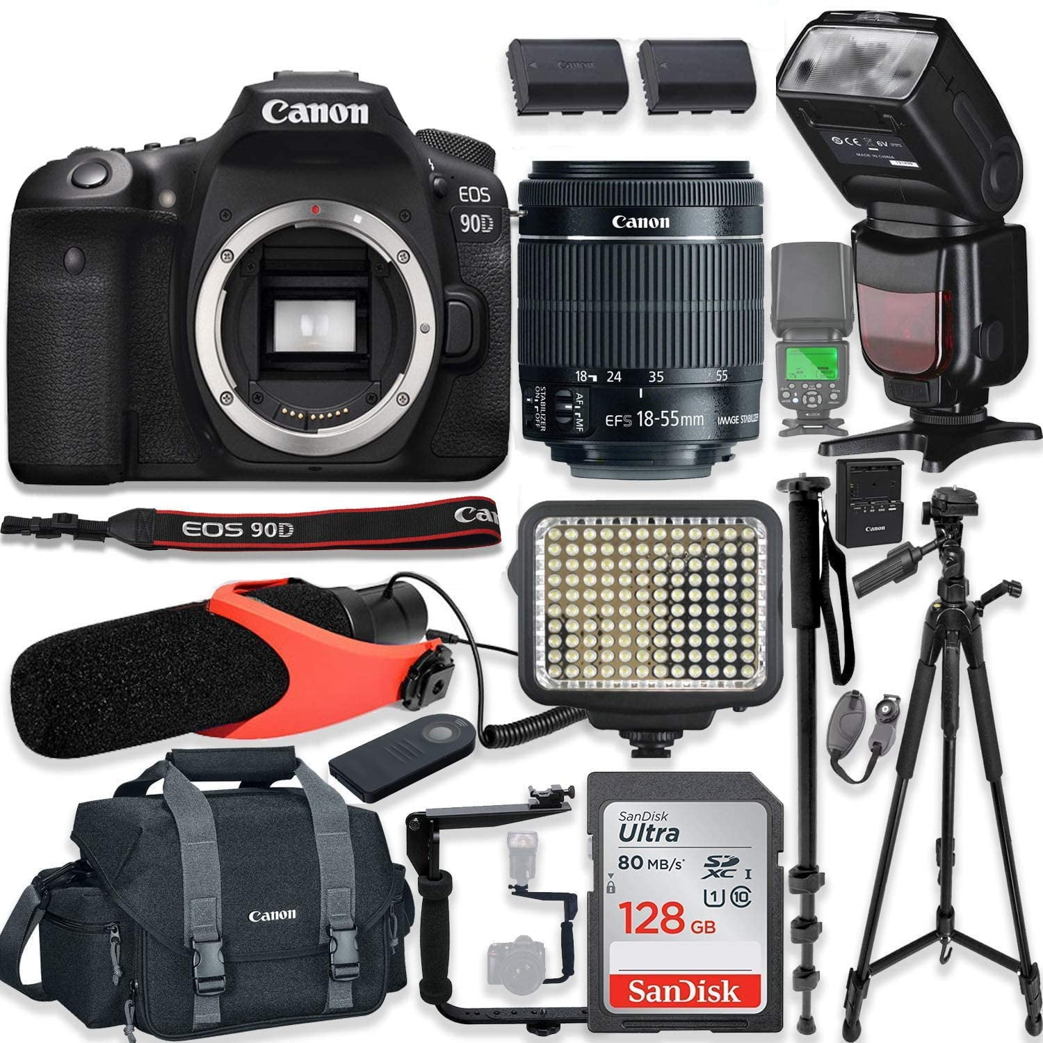  Canon EOS 90D Kit DSLR Camera Pro Bundle + 18-135 is USM Lens  + Case + Sandisk 128GB Memory Card + Card Reader + Tripod + Cleaning Kit  (International Model) (Renewed) : Electronics