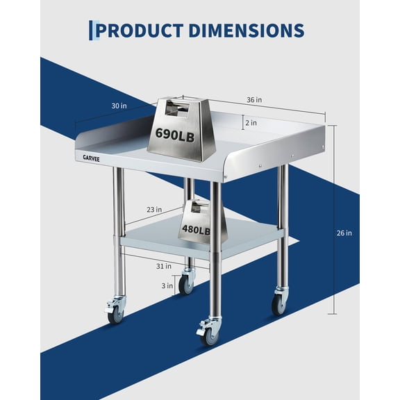 Stainless Steel Work Table, 30x36 Inch Commercial Food Prep Worktable with Wheels, Detachable 3-Sided Backsplash & Height-Adjustable Shelf for Kitchen Restaurant Garage