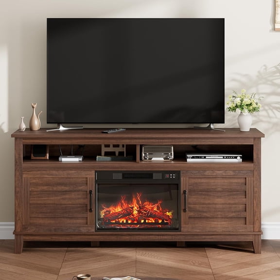63" Fireplace TV Stand for TVs Up to 75 Inch, Farmhouse Entertainment Center with 23" Electric Fireplace and Adjustable Storage Cabinets,Brown