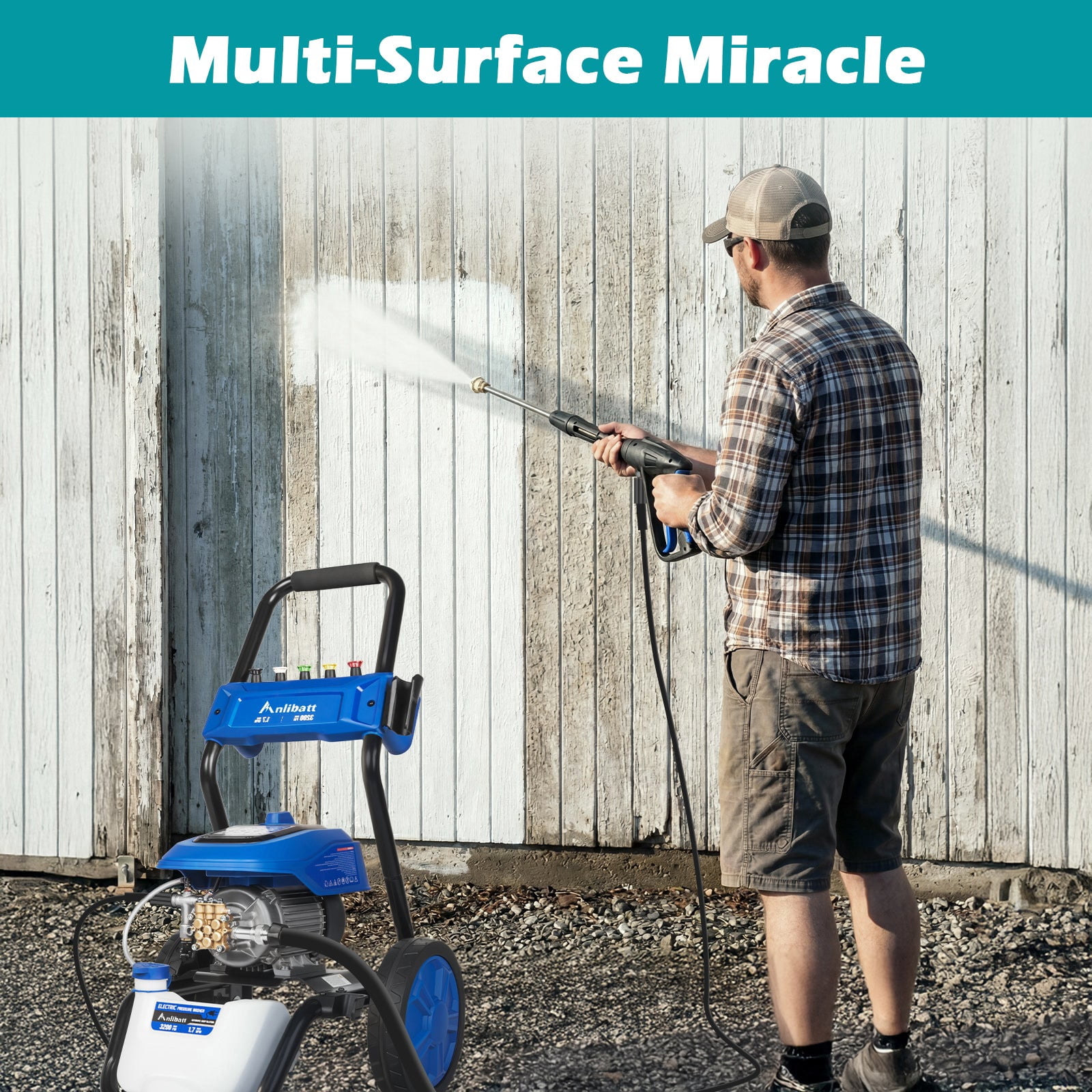 ANLIBATT 3200 PSI Electric Power Cold Water Pressure Washer with Brushless Motor Max 1.7 GPM 5 Quick Nozzles Buil-in Soap Tank 35ft Cord 25ft Hose