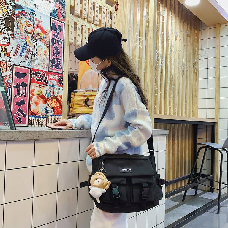 CHAMAIR Casual Handbags Solid Nylon Multi Pockets Women Pendant Crossbody  Bag (Black)