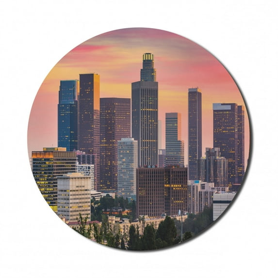 City Mouse Pad for Computers, Los Angeles California Skyline with Modern Buildings and an Orange Sky, Round Non-Slip Thick Rubber Modern Gaming Mousepad, 8" Round, Multicolor, by Ambesonne