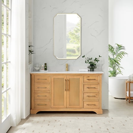 Tokyo 60" Single Bath Vanity in Oak Natural Brown with White Quartz Stone Top