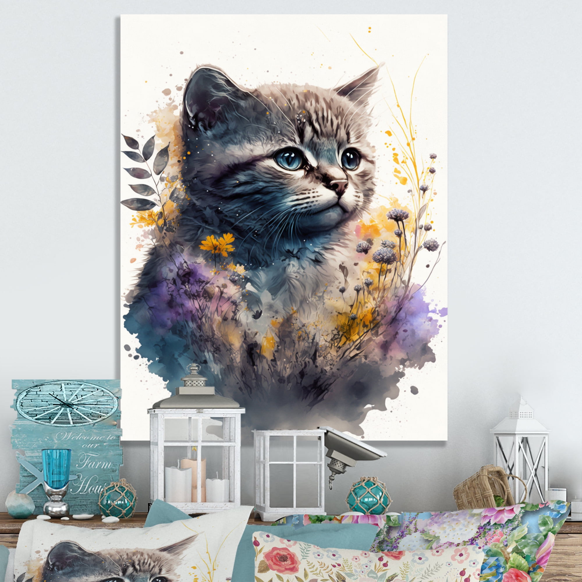 Designart Cute British Cat Floral Art I Canvas Wall Art