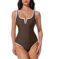 thumbnail image 2 of Women Sexy Tummy Control One Piece Swimsuits V Wired Slimming Bathing Suit Color Block Printed Swimwear Coffee L, 2 of 6