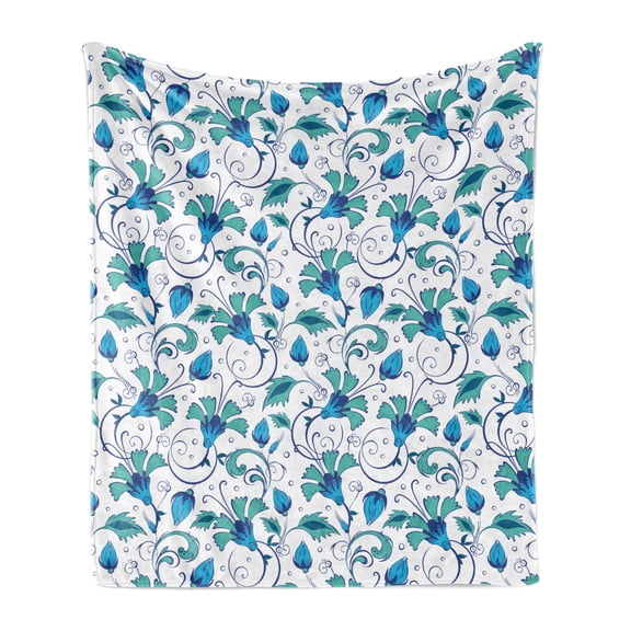 Floral Soft Flannel Fleece Throw Blanket, Oriental Themed Pattern of Tulips and Leaves Folkloric Swirls Rounds, Cozy Plush for Indoor and Outdoor Use, 70" x 90", Turquoise and Sky Blue, by Ambesonne