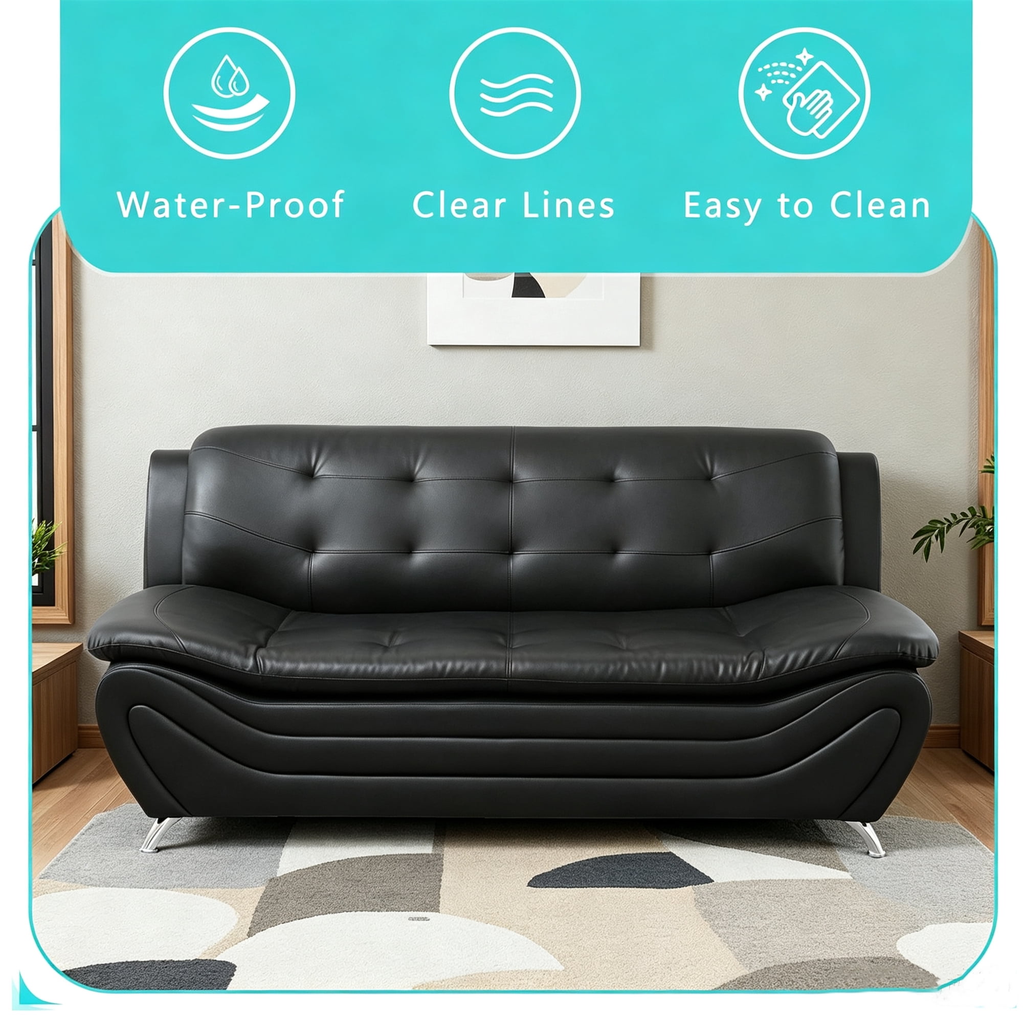 Aukfa 76.5" Upholstered 3 Seat Sofa Couch for Living Room, Leather, Tufted Back, Black