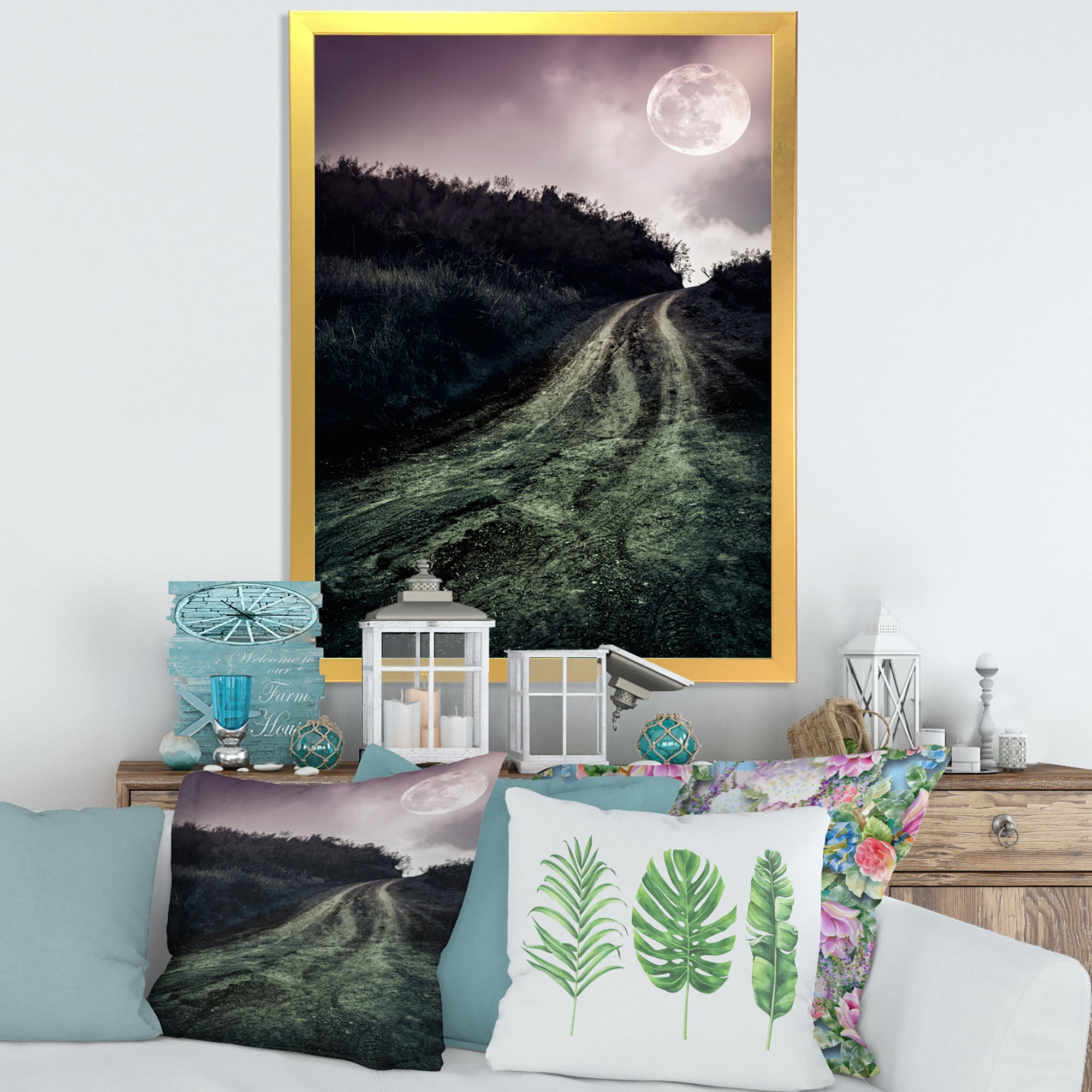 Designart 'Countryside Muddy Road Under Full Moon' Modern Framed Art Print