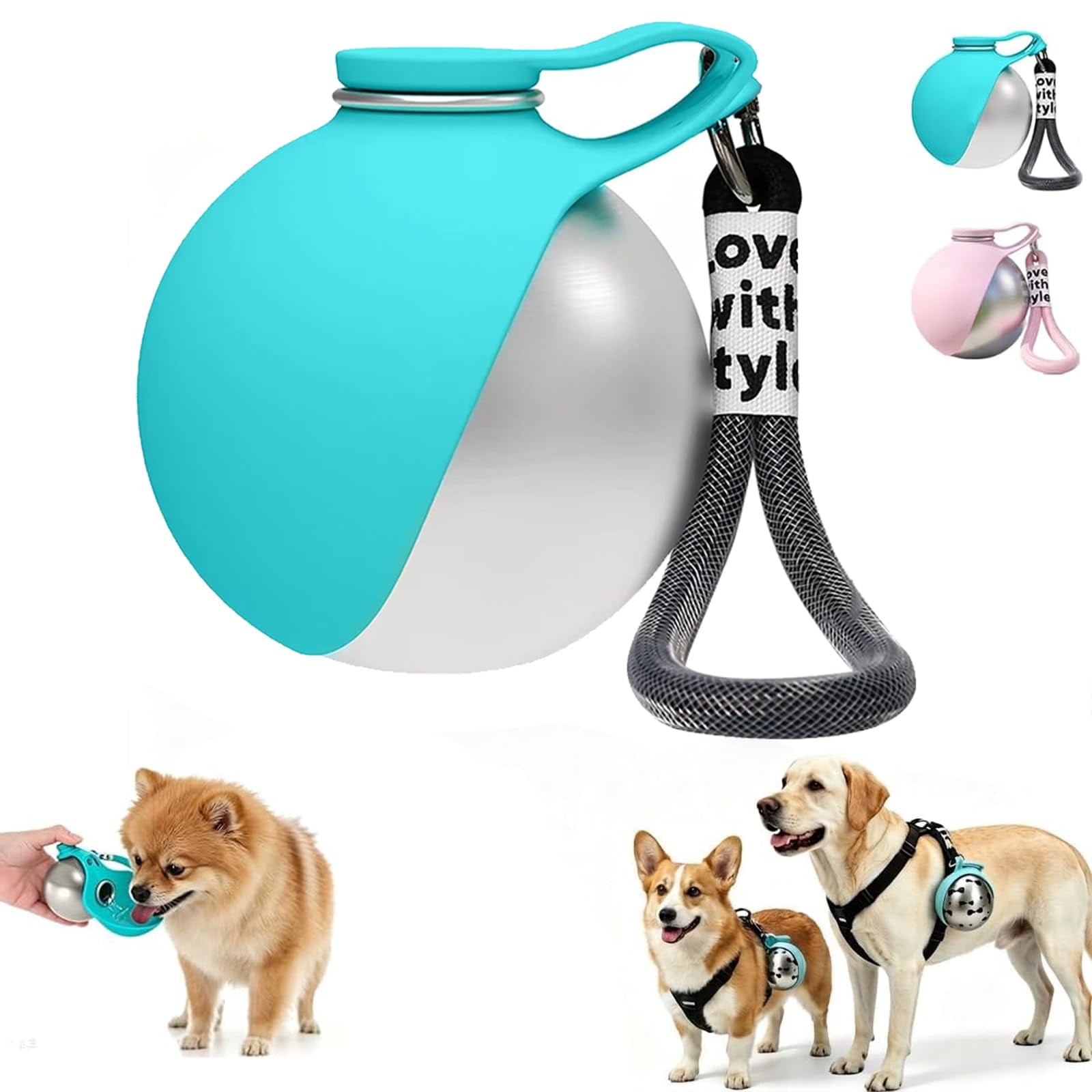 2 in 1 Portable Tumbler for Dogs, Portable Dog Water Ball, 10oz Stainless Steel Pet Water Dispenser with Silicone Foldable Bowl, Leak Proof, Portable Small Dog Water Bottle for Walking, Hiking