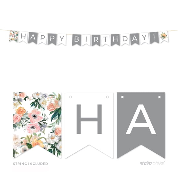 Peach Coral Floral Garden Party, 5FT Happy Birthday! Hanging Pennant Party Banner with String
