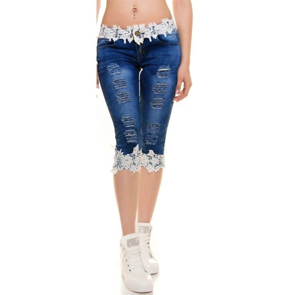 Sysea Lace Patchwork Women Skinny Capri Jeans Ripped Denim Pants