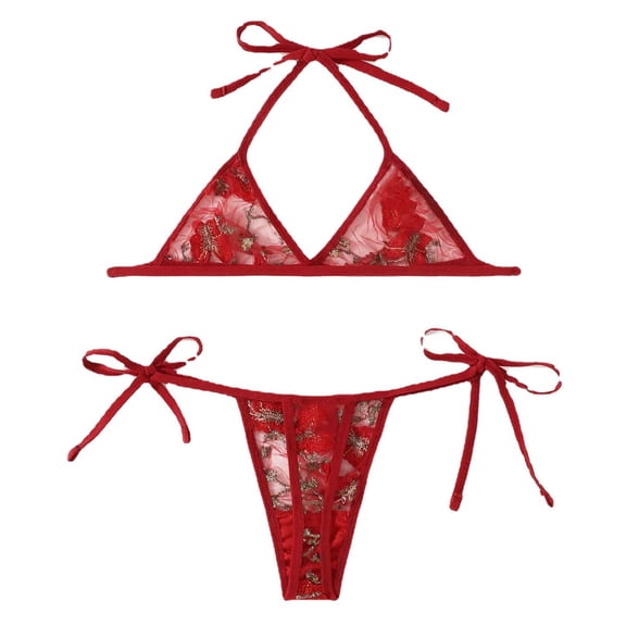 Levmjia Women Lace Lingerie Set Halter Neck Adjustable Tie Straps Sheer Two Piece Soft Lightweight Outfit Honeymoon Anniversary Private Bedroom Romantic Night