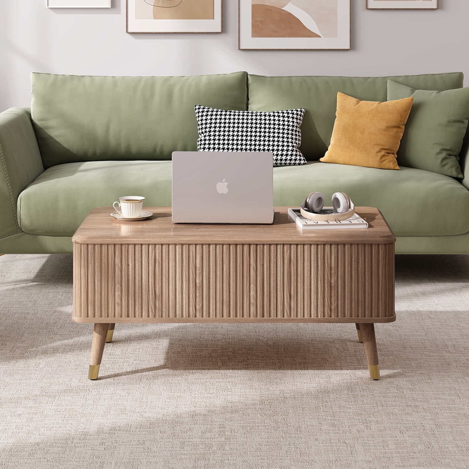 JOINICE Lift Top Coffee Table with Storage,Small Rectangle Center Table for Living Room,Oak