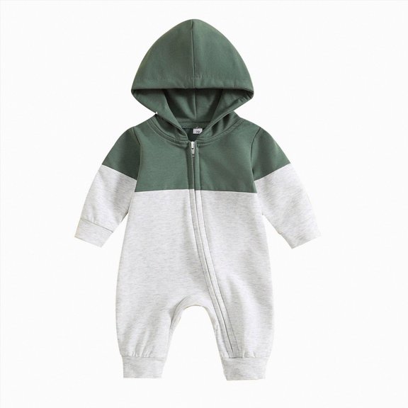 CAICJ98 Newborn Baby Boy Clothes Long Sleeve Color Block Hooded Romper One Piece Hoodie Jumpsuit Fall Winter Outfits (AG,6-12 Months)