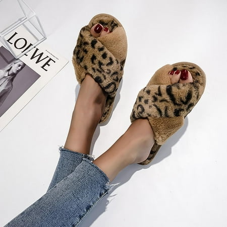 

HIBRO Women Warm Leopard Plush Soft Slippers Indoors Anti-slip Floor Bedroom Shoes