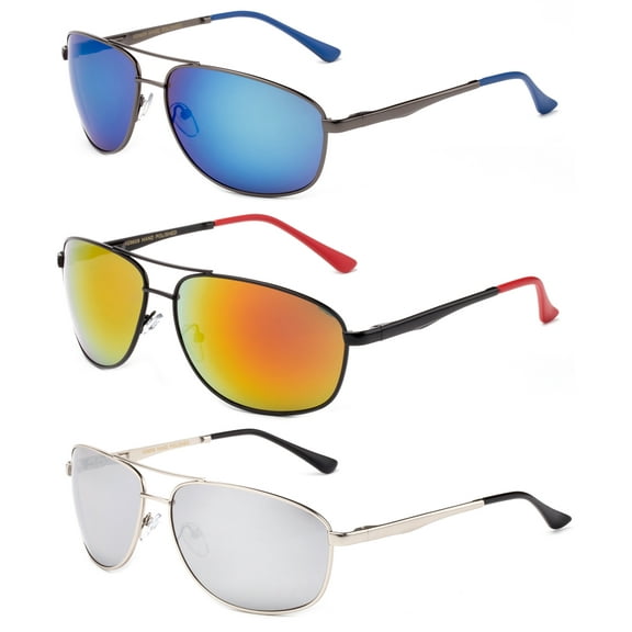 3 Pack Metal Rim Spring Hinge Sports Sunglasses for Men for Women, Blue, Orange & Mirror